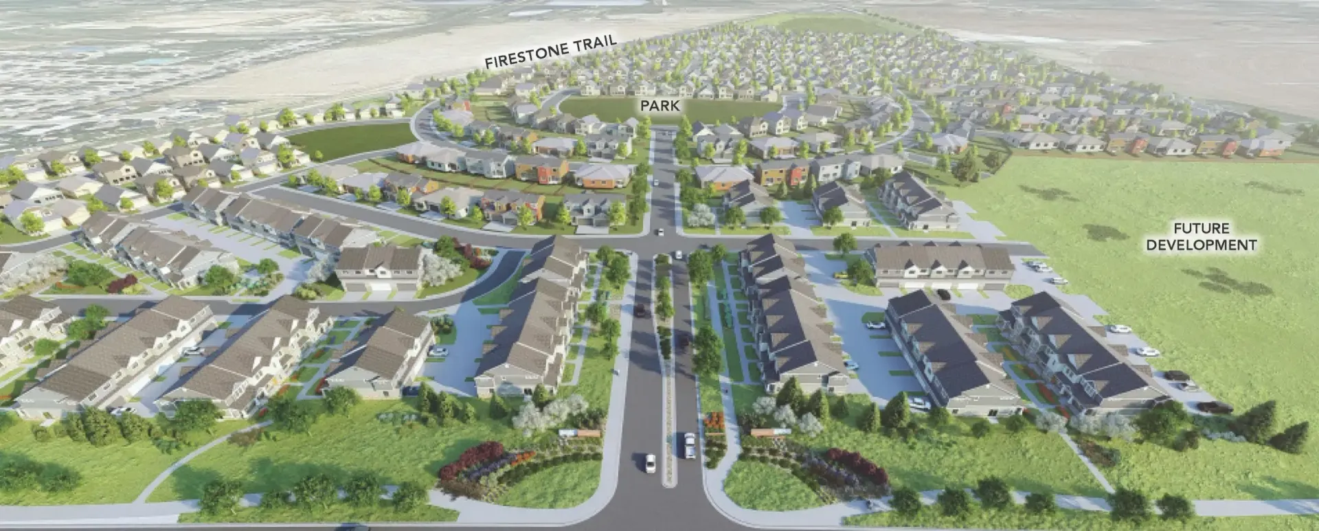 Aerial view of a suburban neighborhood showing rows of houses, a central park labeled Firestone Trail.