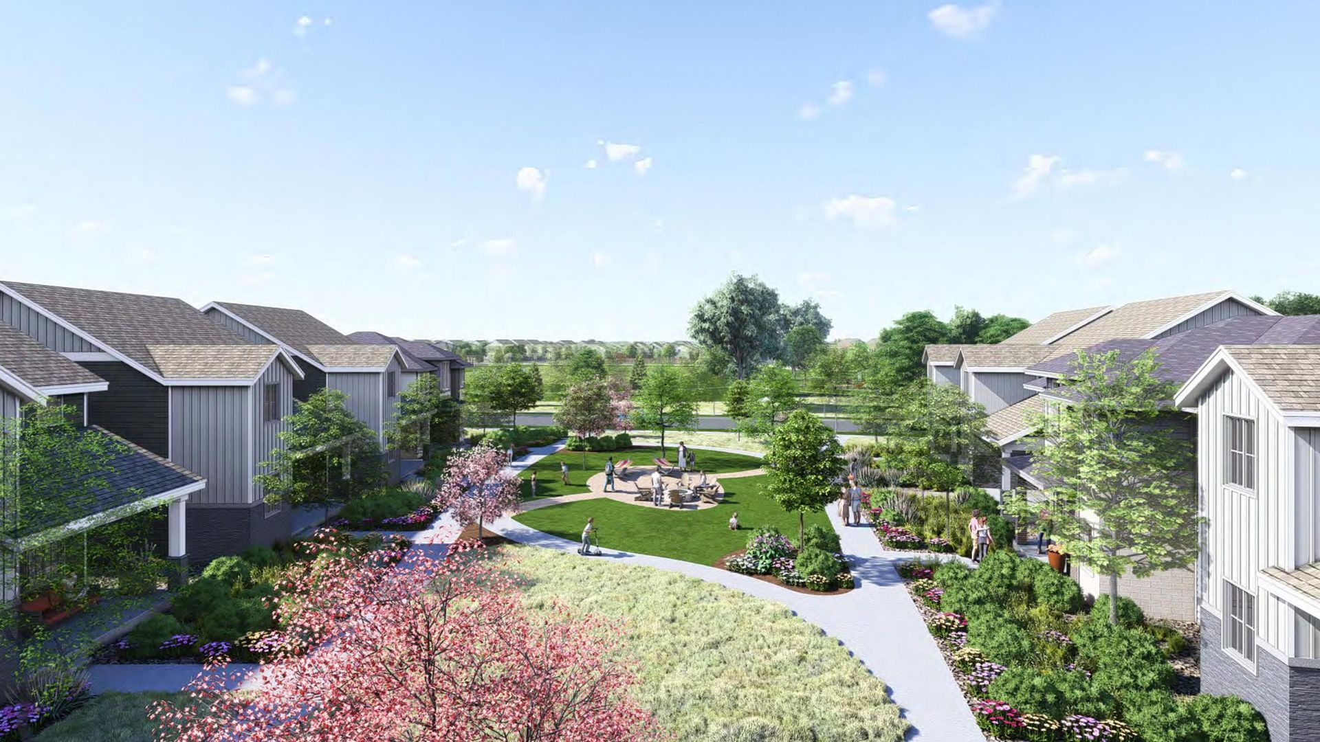 Scenic view of a residential community featuring modern homes, landscaped gardens, and a central park. 