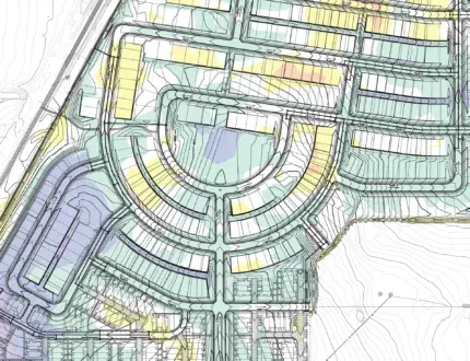 Architectural blueprint showcasing a neighborhood layout with curved roads and rectangular plots.