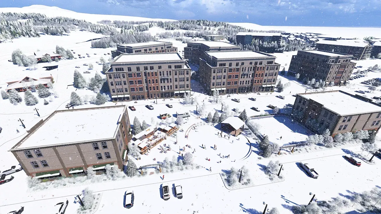 Snowy urban landscape with six-story buildings, snow-covered trees, and cars in a parking area.