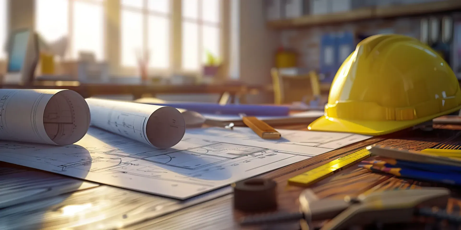 A sunny workspace features rolled blueprints, a yellow hard hat, measuring tools, and a pencil.
