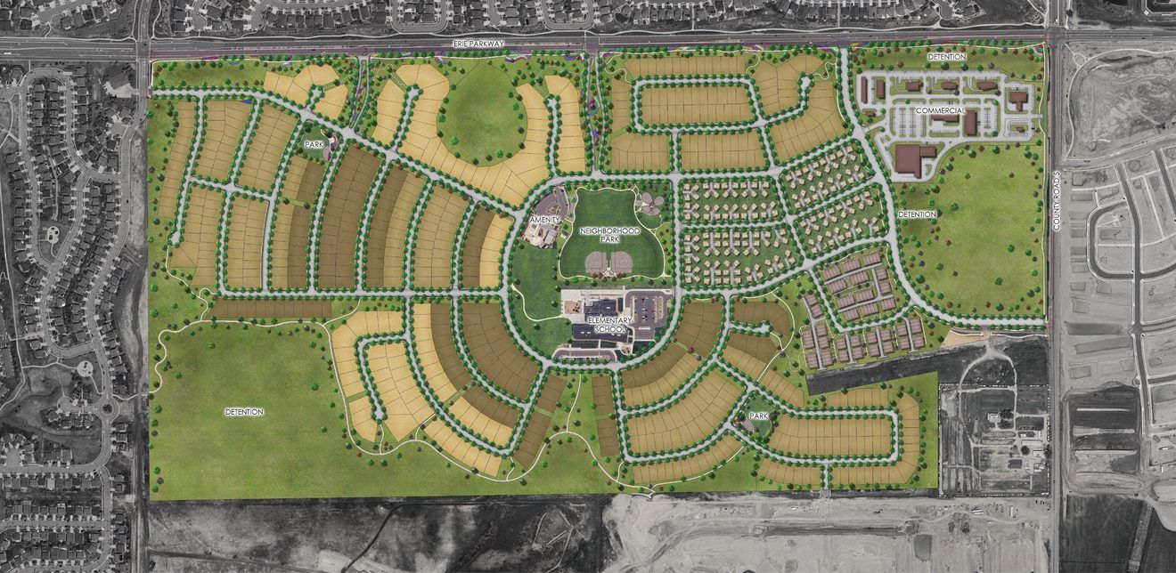 Aerial view of a detailed neighborhood layout.