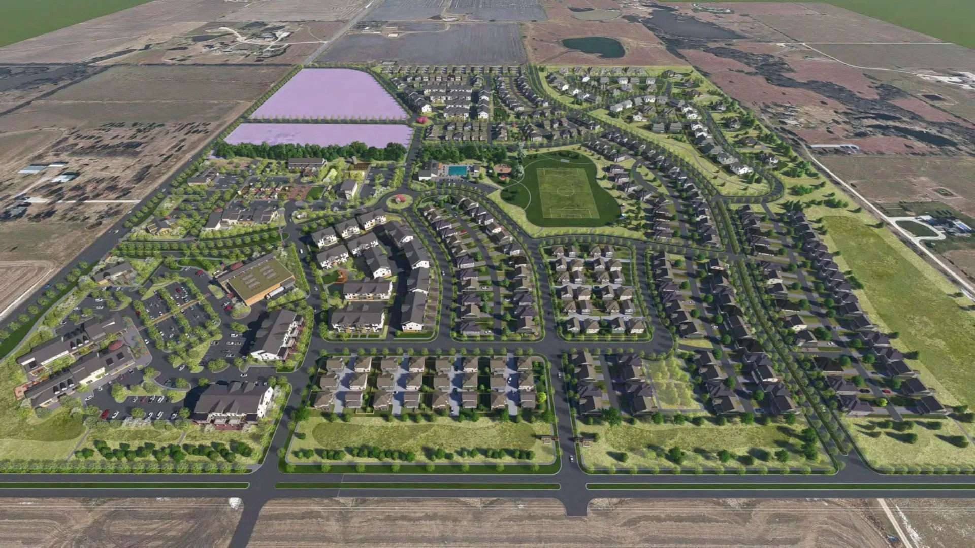 Aerial view of planned suburban community in Greenwood Village.