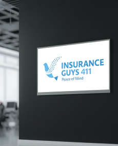 Insurance Guys 411 logo on a wall in an office setting. Blue bird graphic and text 