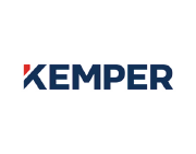 Logo for Kemper, a financial services company; dark blue text, red accent.