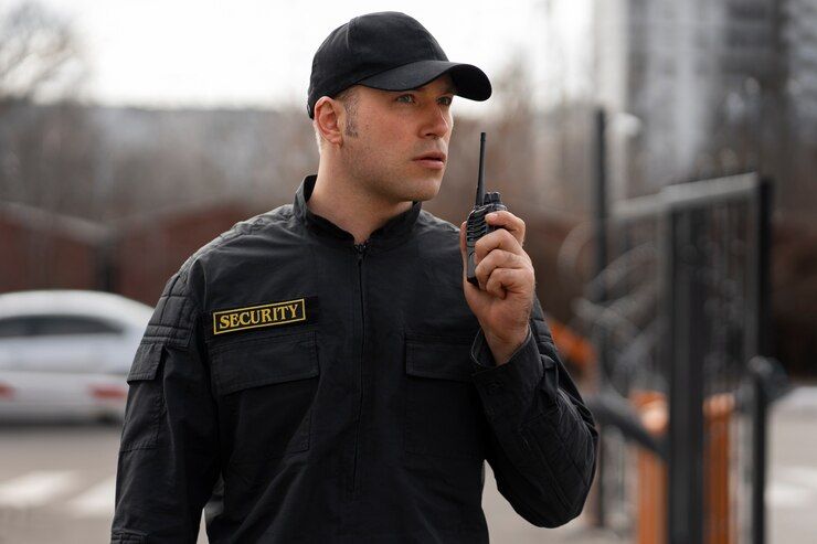A Security Guard Is Talking On A Walkie Talkie - Risk Management & Risk Assessment in Darwin, NT