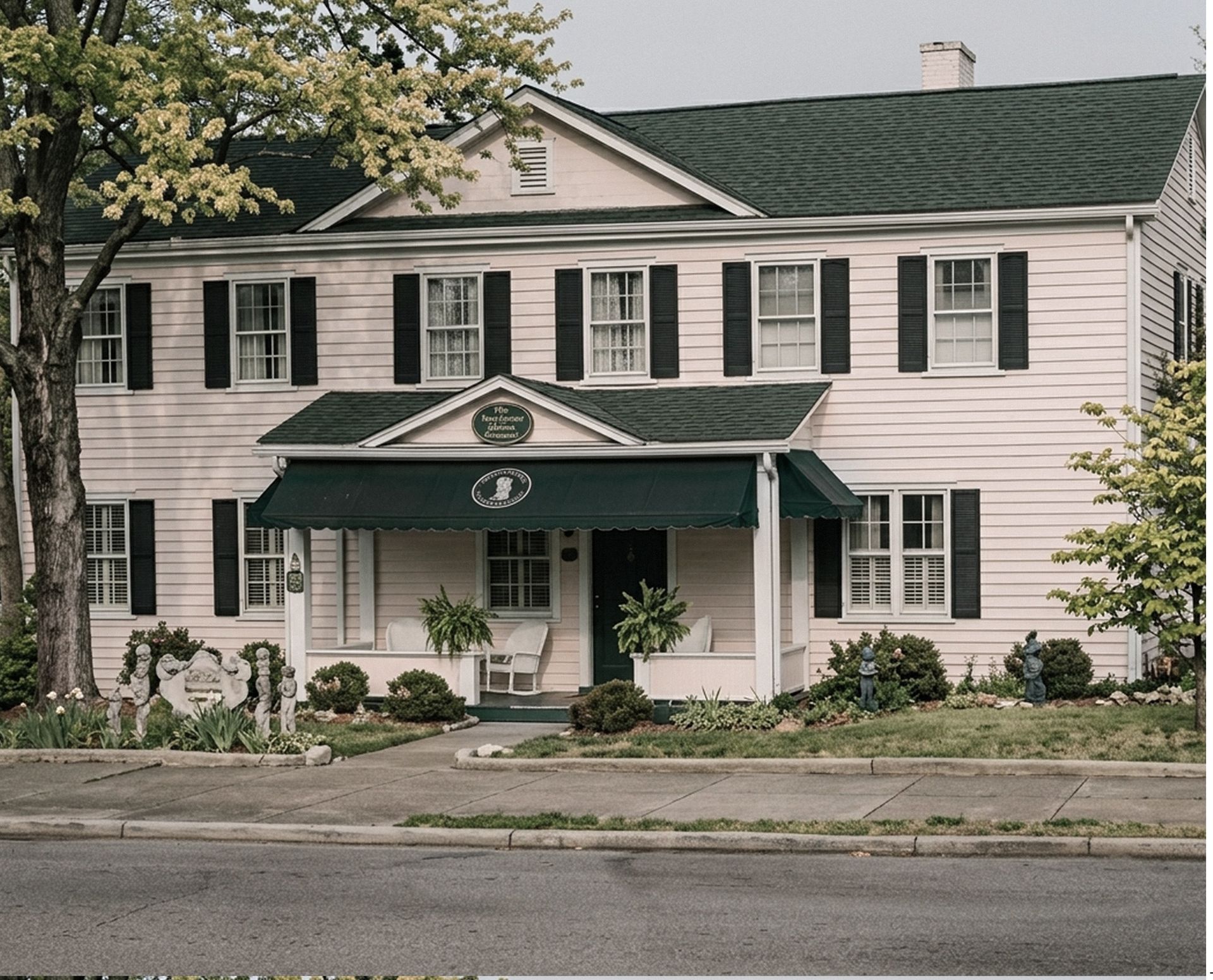 White two-story house with a front porch, dark shutters, and trees along a street