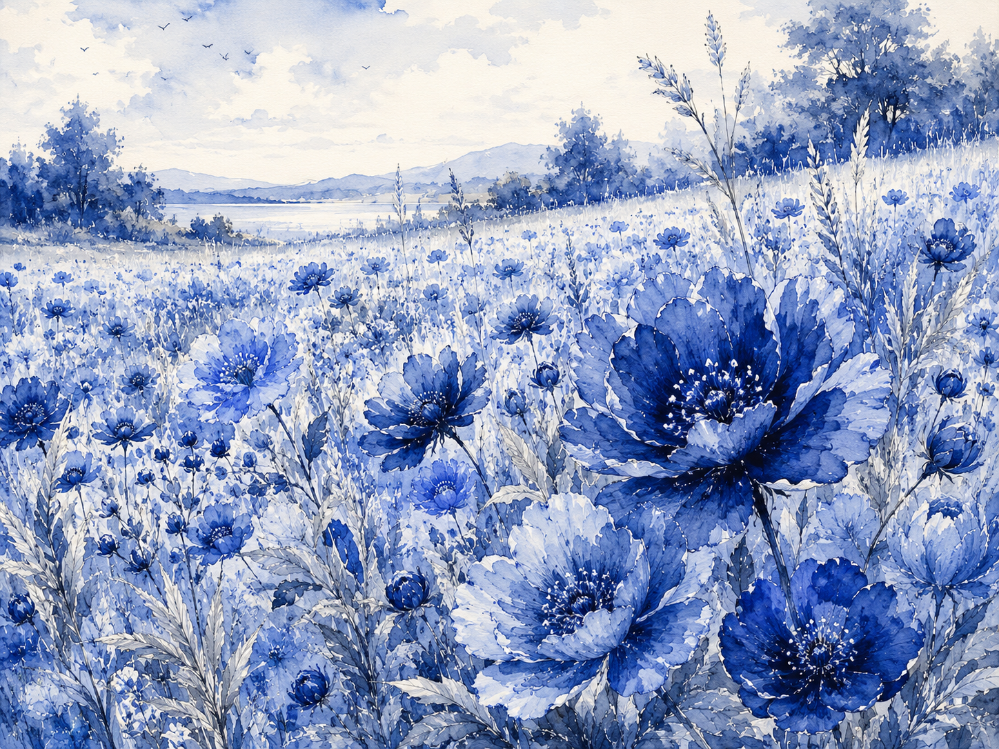 Blue-toned wildflower meadow with blooming blossoms and distant trees under a soft sky
