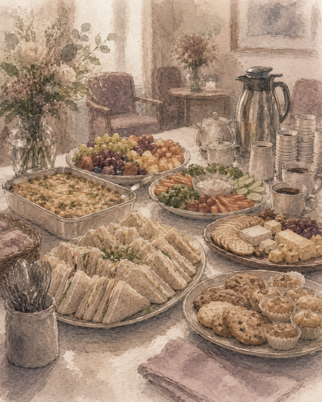 Banquet table with sandwiches, pastries, fruit platters, and a coffee urn in a cozy room
