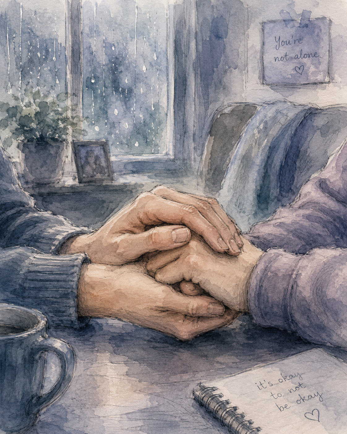 Two hands clasped in support at a desk, with a notepad and soft watercolor background