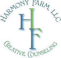Harmony Farm, LLC Creative Counseling logo with blue and green “HF” letters inside a circular green name ring