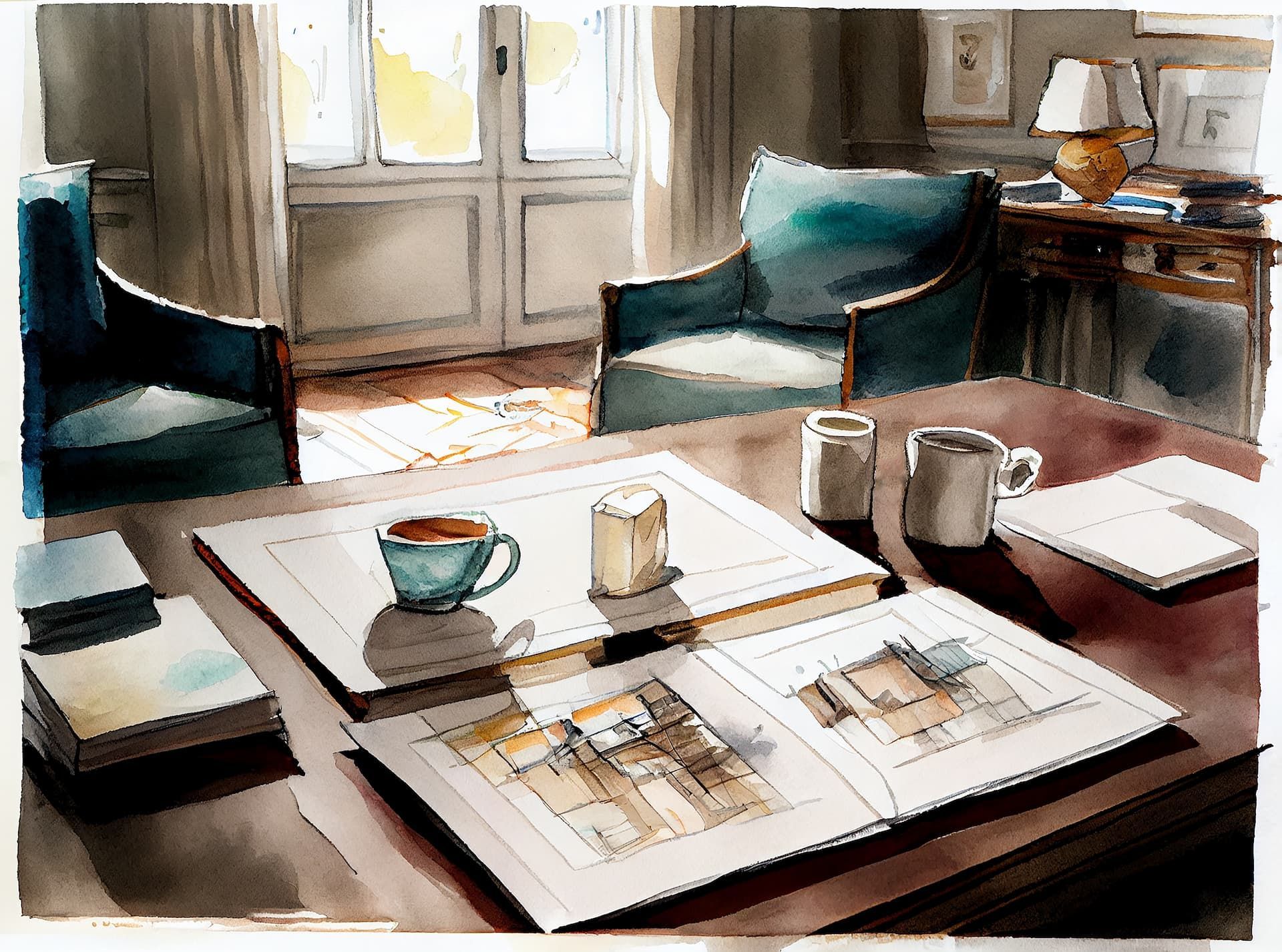 Sunlit living room with teal chairs and coffee table displaying papers, mugs, and a lamp.