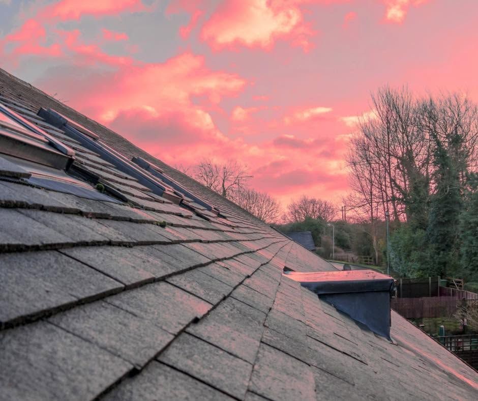 Slate roof in foreground under a pink sunset sky with trees and a small structure in the background