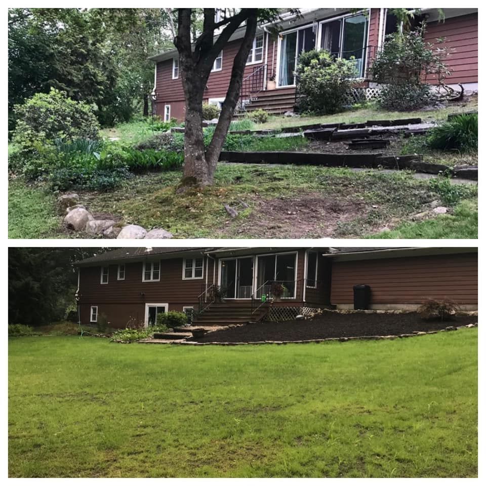 Before-and-after view of a brick house front yard with a tree, steps, and newly landscaped lawn