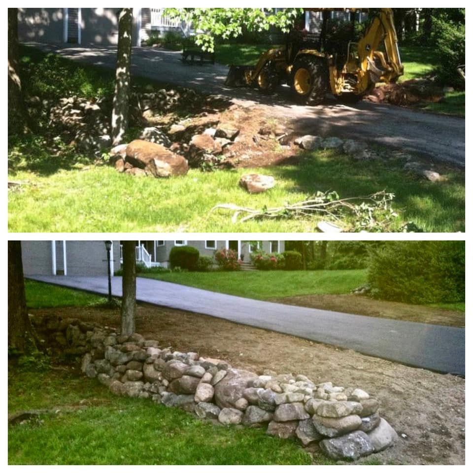 Roadside stone wall before and after repair, with excavator, rocks, and grassy yard beside a paved street