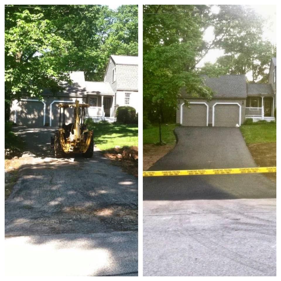 A side-by-side view of a driveway being paved, with a backhoe on gravel and a finished asphalt driveway behind caution tape.