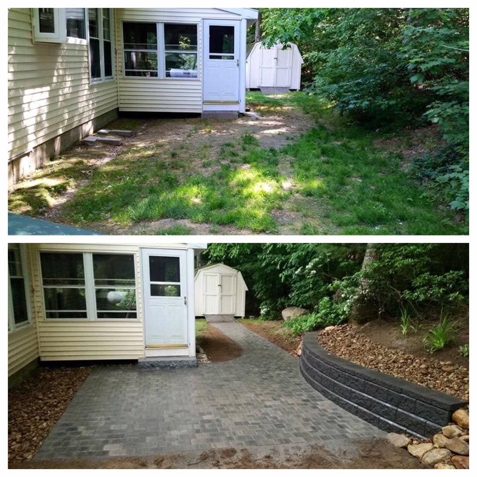 Before-and-after view of a backyard patio: grass replaced with a brick paver walkway beside a house and retaining wall.