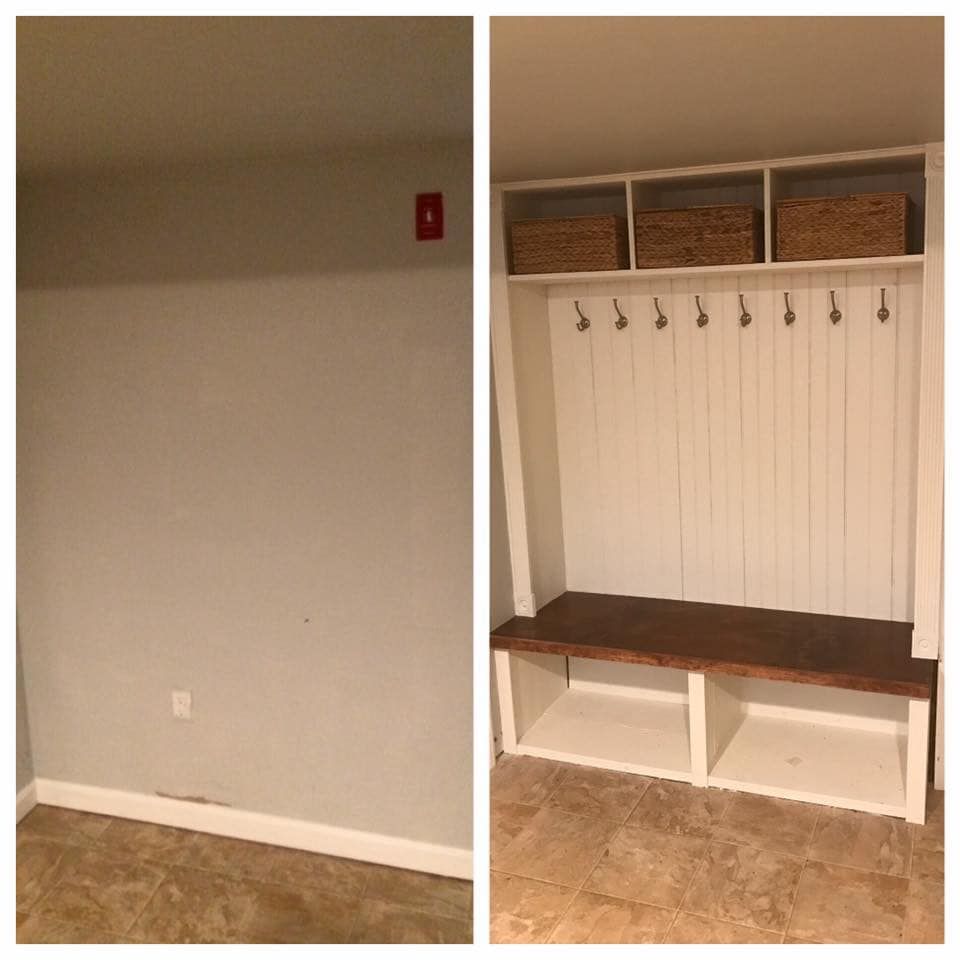 Closet nook before and after: empty beige wall beside a built-in bench, hooks, cubbies, and wicker baskets.