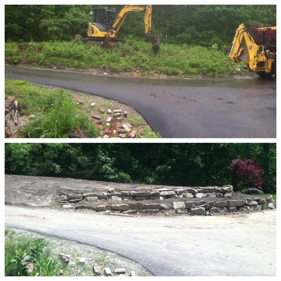 Road repair with excavators on a curved, damaged road; before-and-after view of stone retaining wall repair