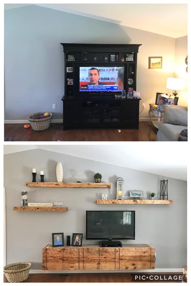Living room before-and-after: TV wall changes from dark entertainment center to floating shelves over a low cabinet