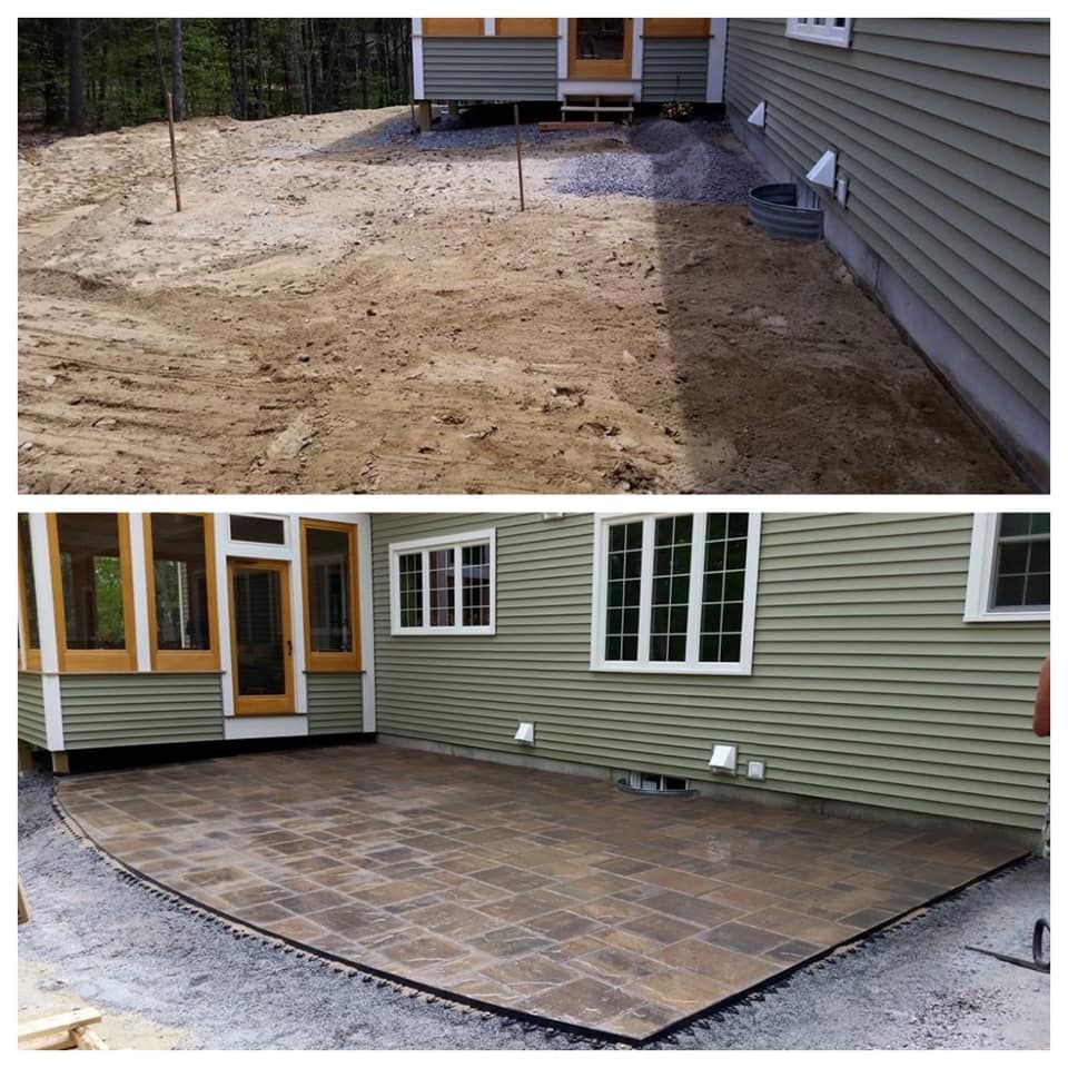 Before-and-after patio area: bare dirt replaced by a tiled patio beside a house.