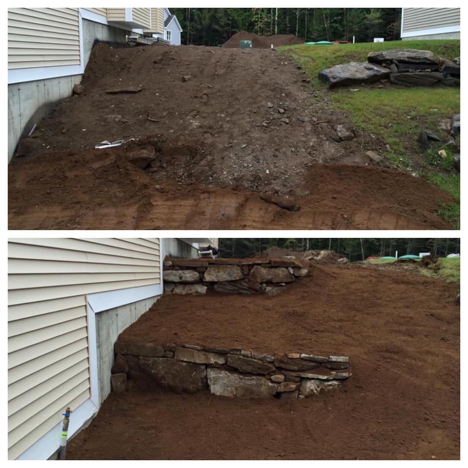 Two views of a house foundation with a sloped dirt and stone retaining wall beside beige siding