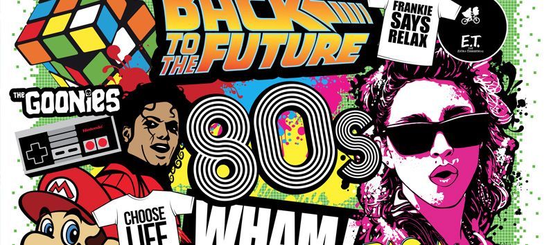 80s themed graphic: Back to the Future, Goonies, Michael Jackson, Wham!, Rubik's cube, Nintendo, E.T., Madonna, and