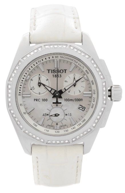 Tissot PRC100 Chronograph Quarts movement mother of pearl dial Diamond set bezel watch.