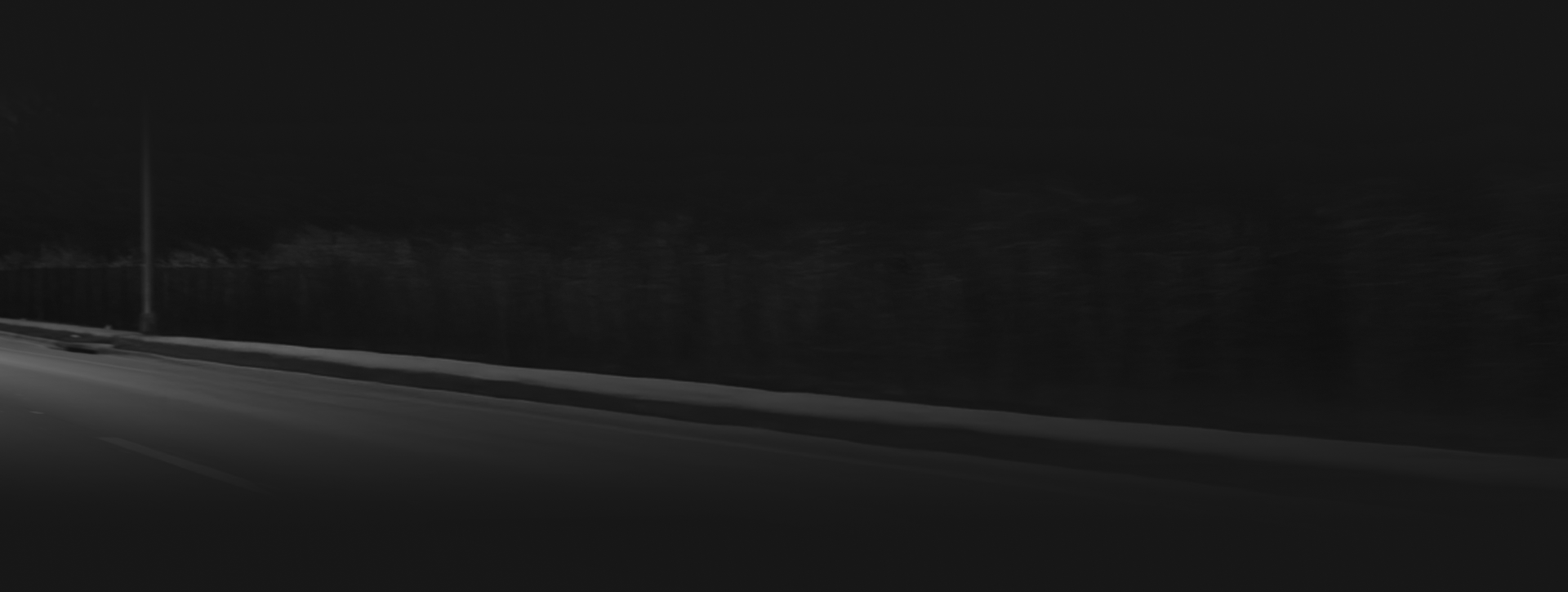 Dark nighttime road with a guardrail and trees fading into the shadows.