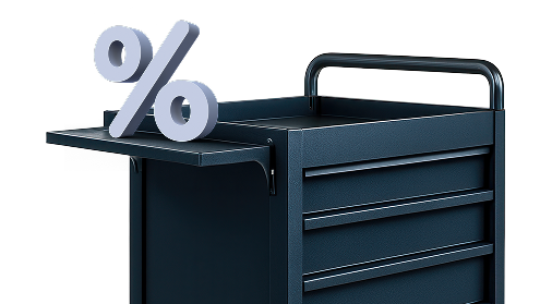 Dark blue shopping cart with a large percent sign on top, suggesting a sale or discount