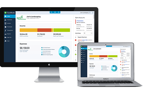 Two computer screens displaying the QuickBooks dashboard with charts and financial data.