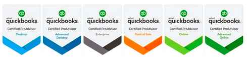 Quickbooks Certified ProAdvisor badges: Online, Advanced Desktop, Core, Book of Sales, Online, and Advanced Bookkeeping.