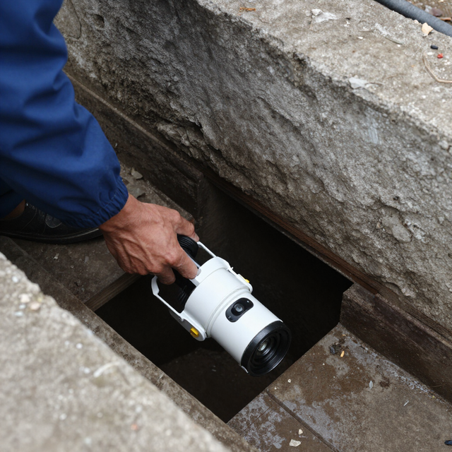 Worker inspecting a sewer pipe with a camera device in a brick manhole, steam rising around them.