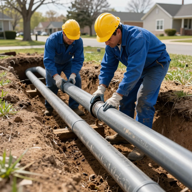 Two utility workers in yellow hard hats install large metal pipes in a trench on a residential street.