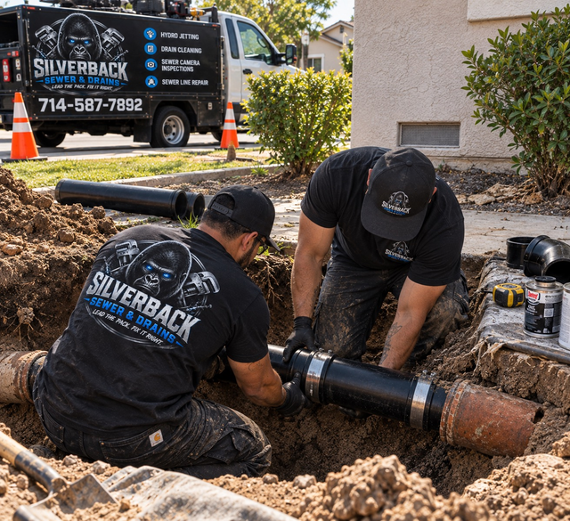 Two utility workers in yellow hard hats install large metal pipes in a trench on a residential street.