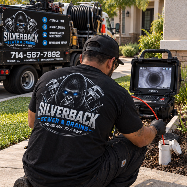 Worker inspecting a sewer pipe with a camera device in a brick manhole, steam rising around them.