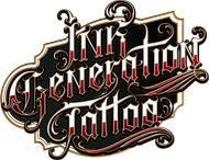 Intricate vintage-style logo reading “Ink Generation” in red, black, and cream script