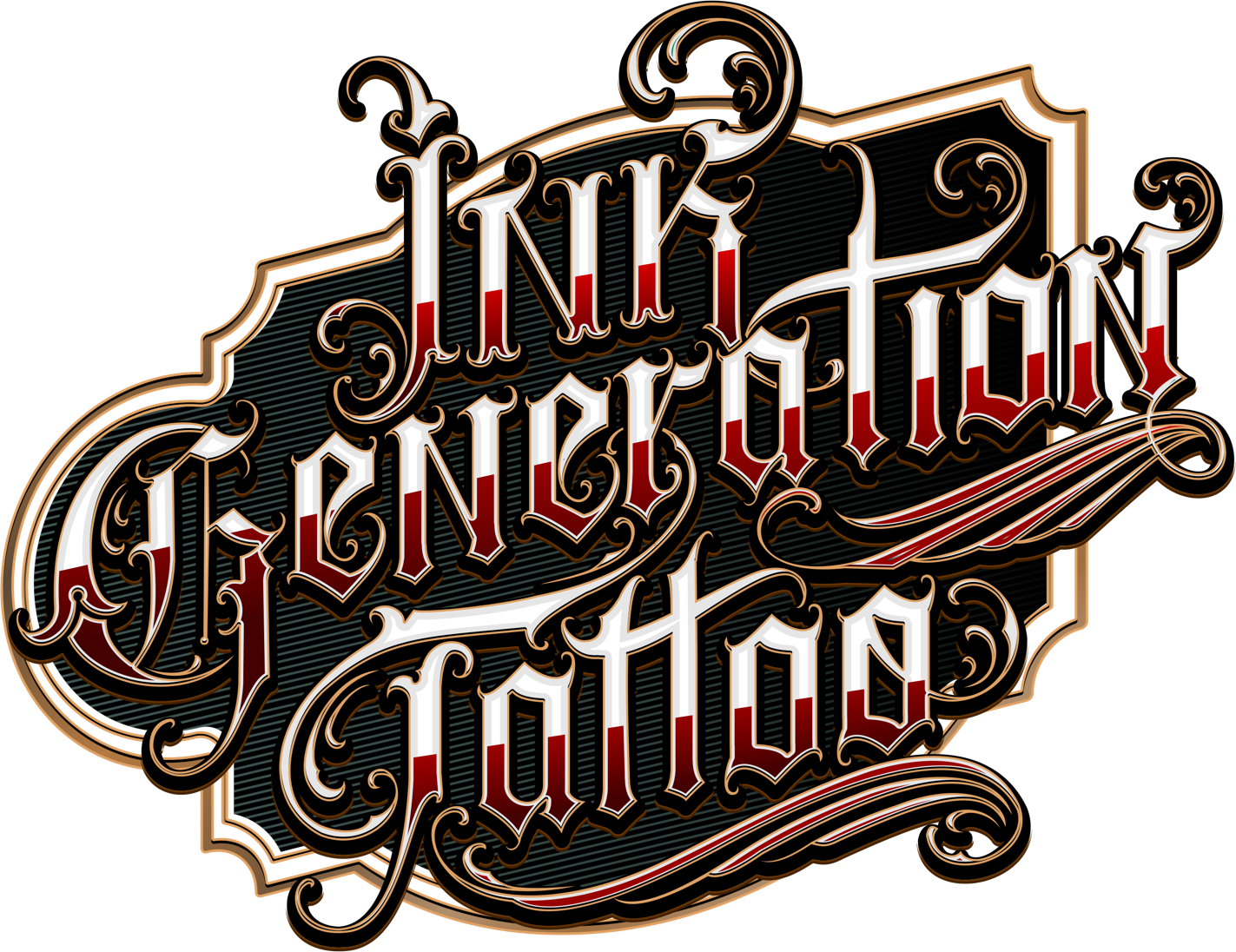 Intricate vintage-style logo reading “Ink Generation” in red, black, and cream script
