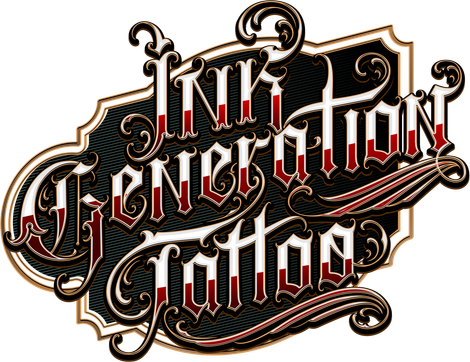 Stylized black, red, and white logo reading “Ink Generation Tattoo” on a black splash background