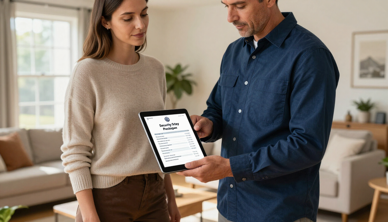 Técnico presentando un presupuesto de sistema de seguridad en una tablet a un cliente