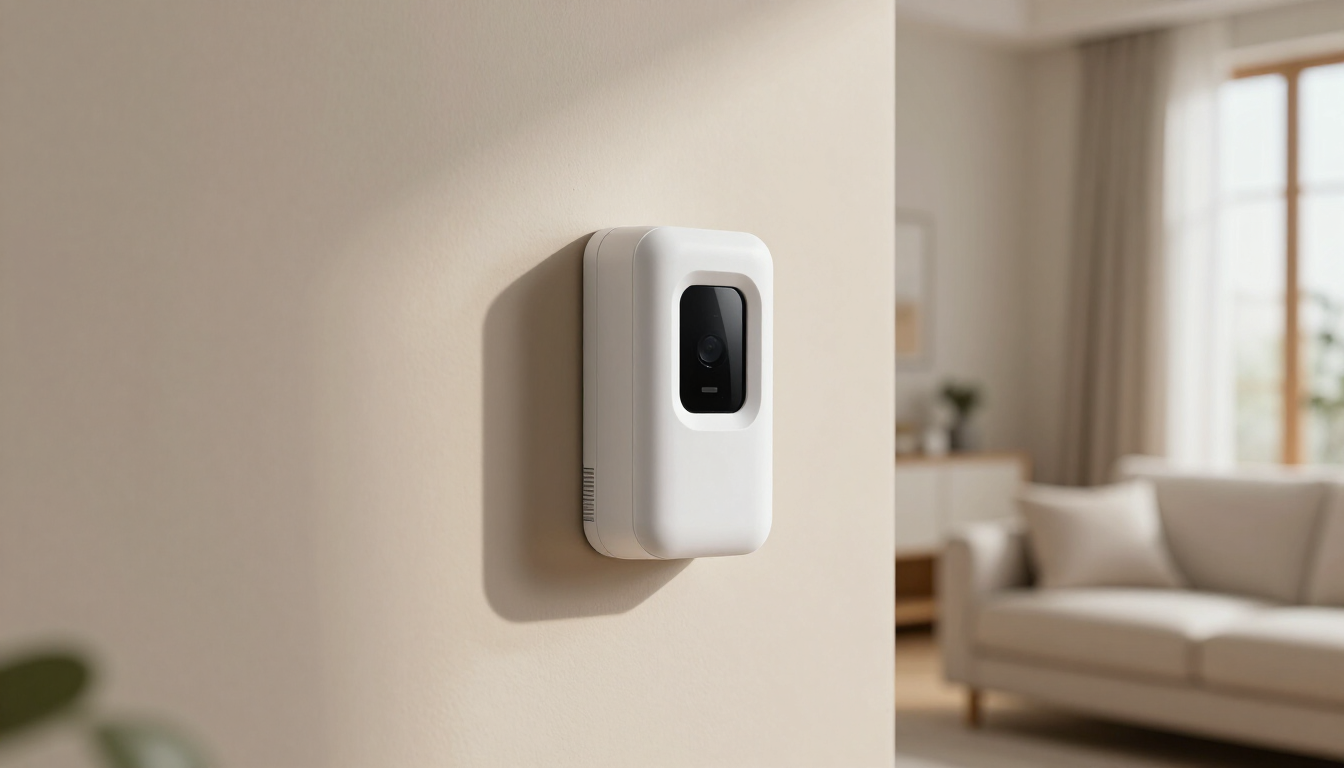 Sensor inteligente para el hogar montado en la pared sobre una pared beige.