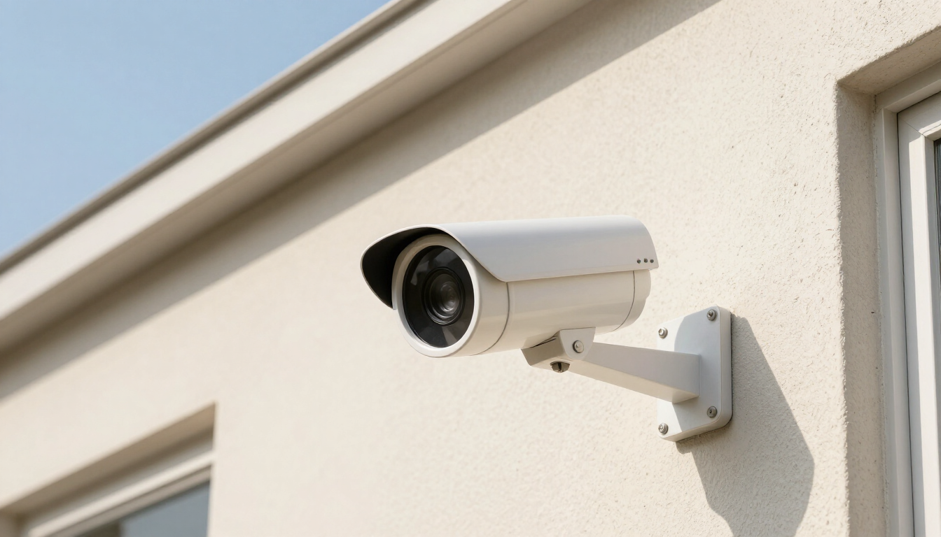 Cámara de seguridad blanca montada en una pared exterior, inclinada hacia afuera.