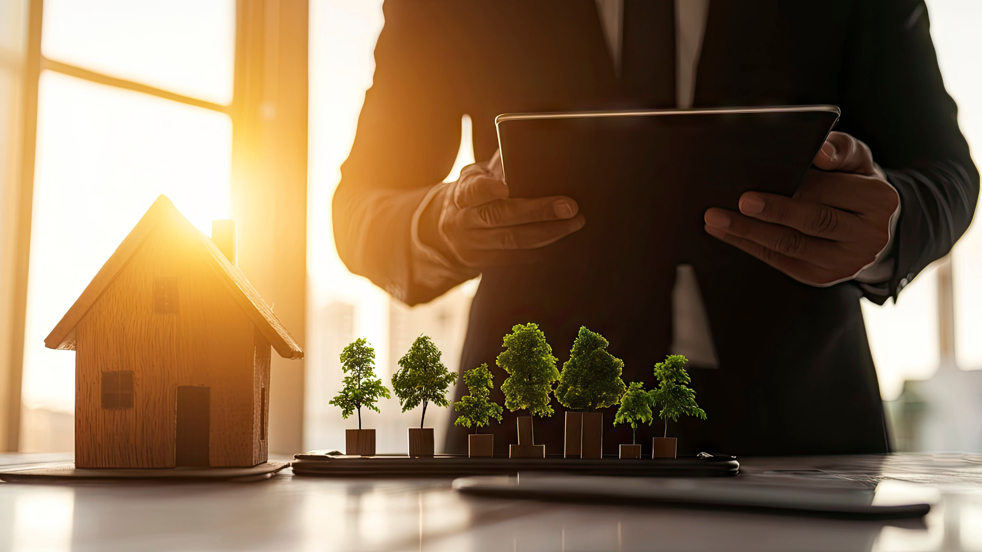 Real estate agent with tablet, miniature house and trees on a table, sunlight in the background.
