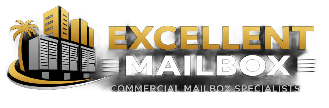 Logo for Excellent Mailbox with gold and black elements: Buildings, palm tree, and
