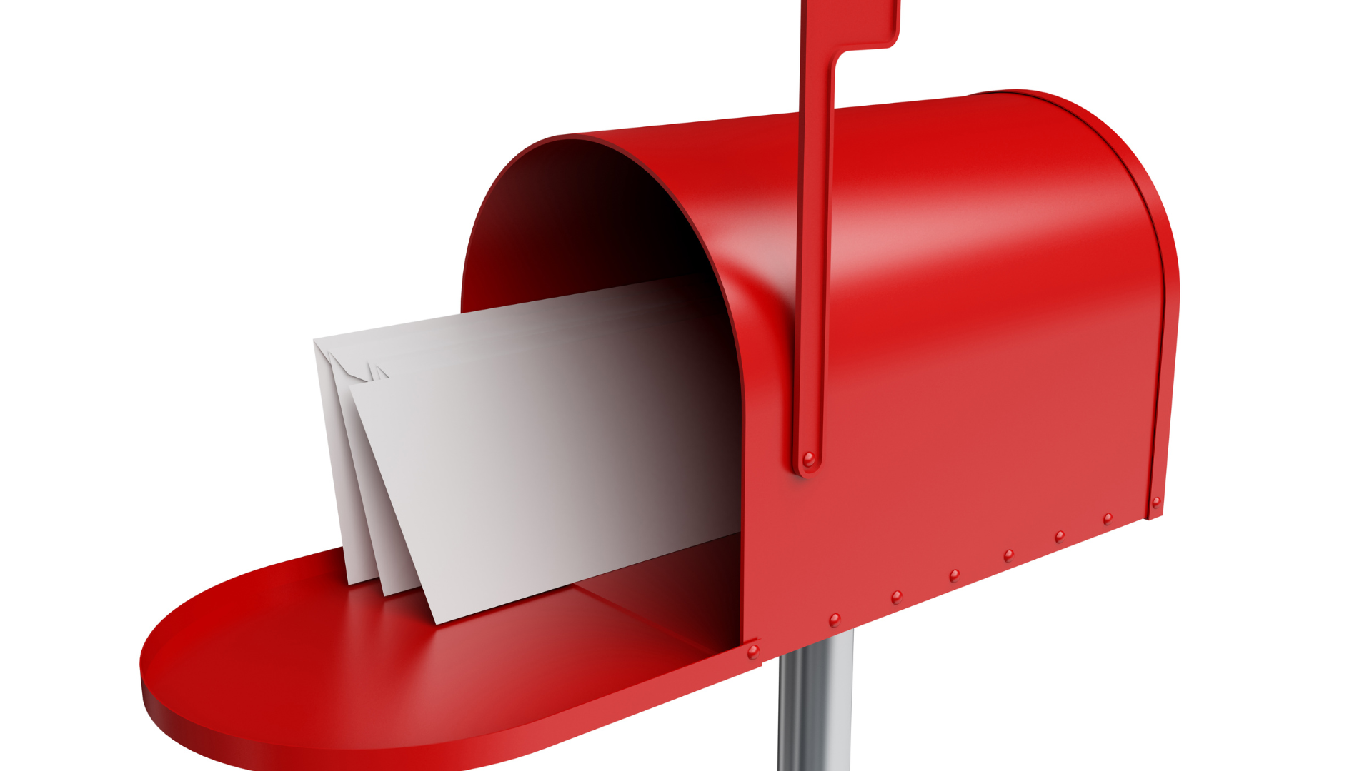 Red mailbox with the door open, containing white envelopes.