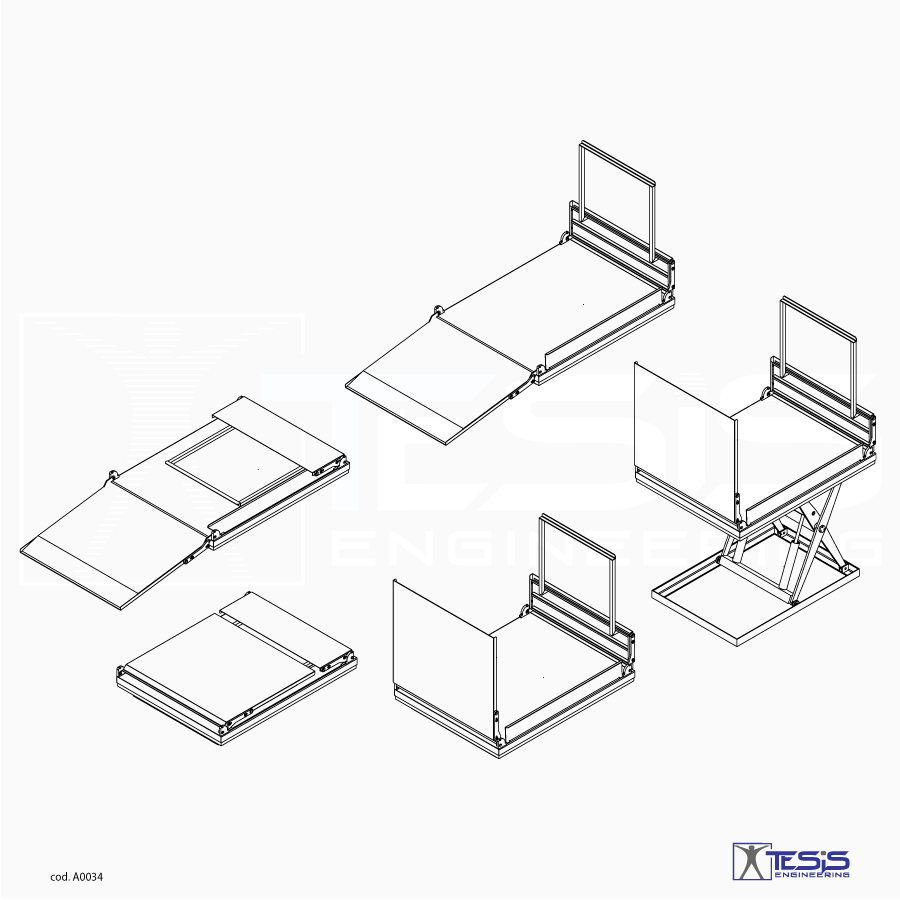 Piattaforma elevatrice ripieghevole, tavola elevatrice con protezioni a scomparsa, piattaforma elevatrice per abbattimento barriere architettoniche, piattaforma di sollevamento a pantografo | Tesis