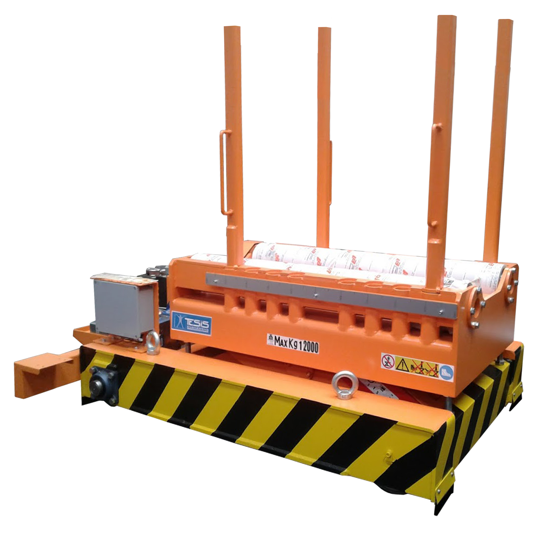 Piattaforma di sollevamento semovente con rulli motorizzati e aste ferma bobina regolabili - coil transfer car