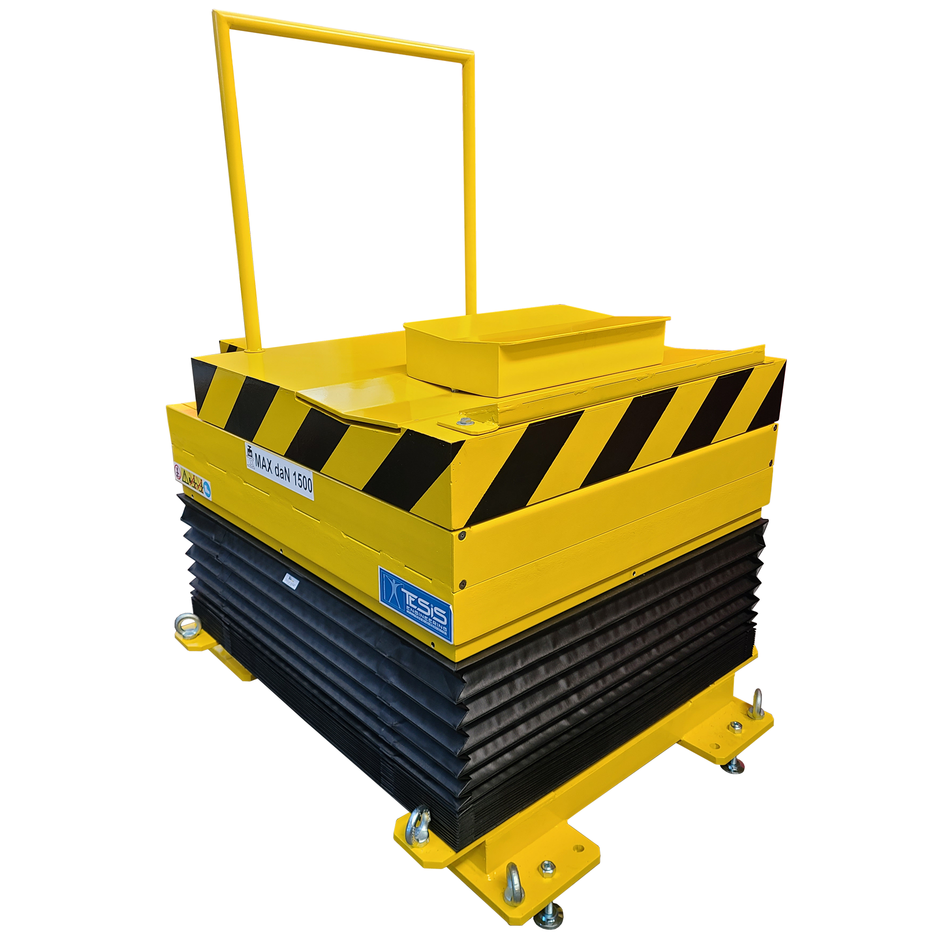 Piattaforma di sollevamento con contropianale a culla mobile per centraggio bobine su macchina avvolgitrice