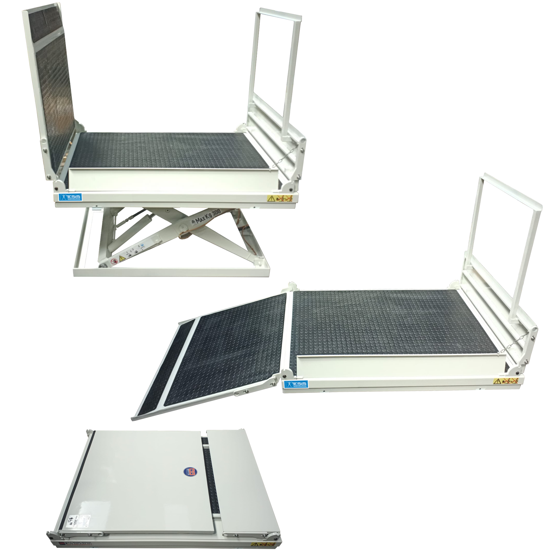 Piattaforma elevatrice per abbattimento barriere architettoniche, extrapiatta, ripieghievole 
con rampa e maniglione integrati