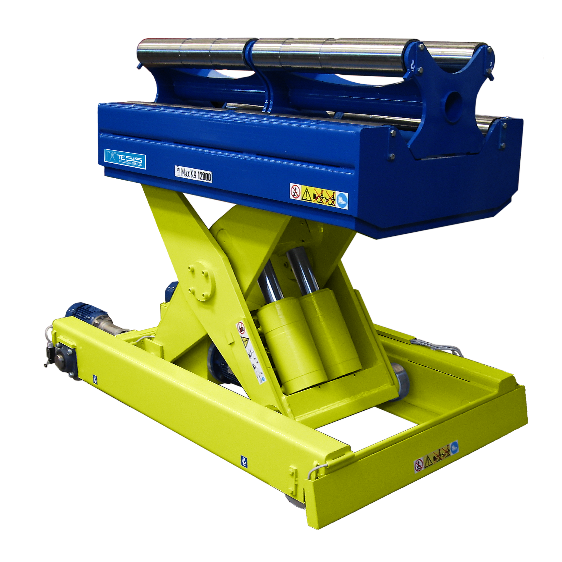 Coil car, piattaforma elevatrice semovente motorizzata con rulli per movimentazione coils e bobine